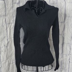 S. Christina Ribbed Knit Black V-Neck‎ Sweater L/XL